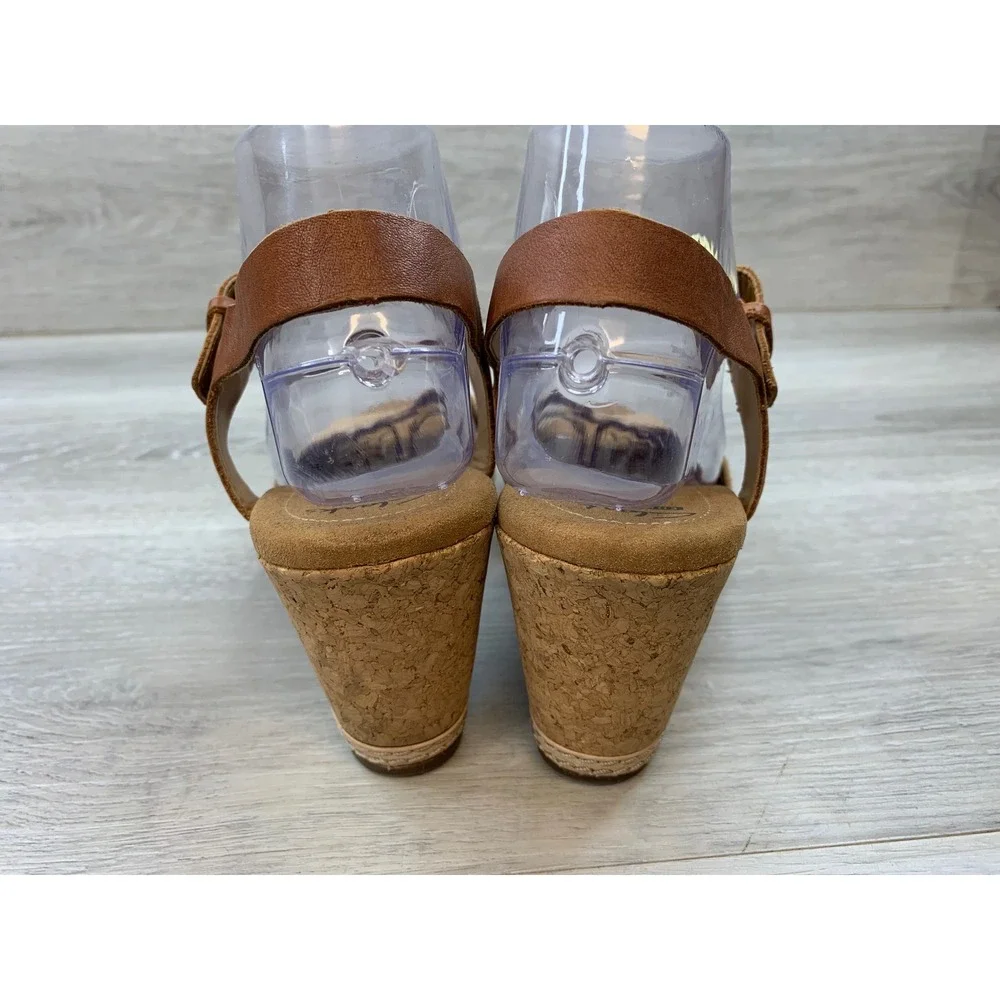 Clarks Collection Cushion Soft Tan Suede Brown Leather Cork Wedge Sandals 8.5